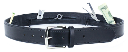 Leather belt with zippered pockets